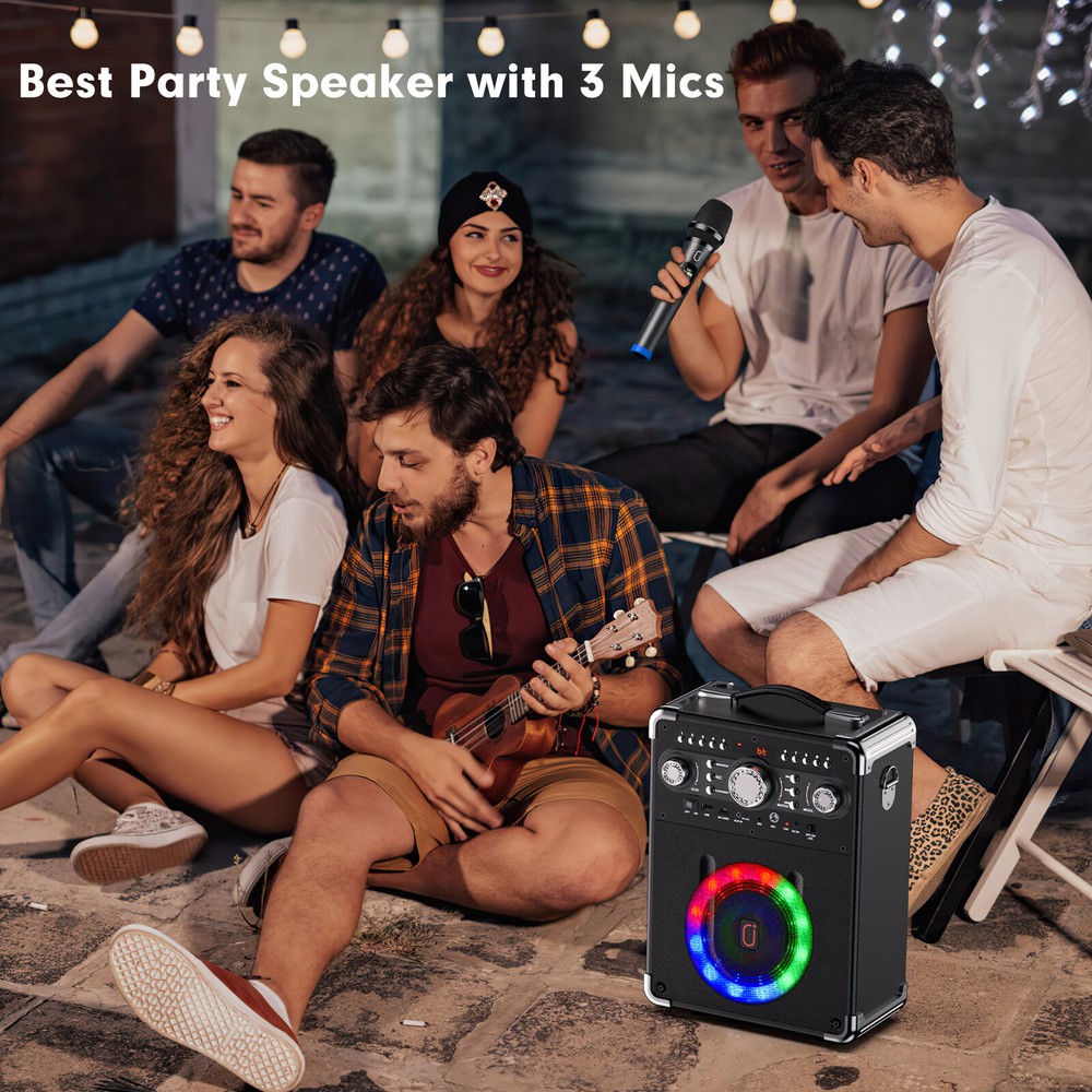 Portable Karaoke Machine With 3 Wireless Microphones HD Stereo Bluetooth Speaker