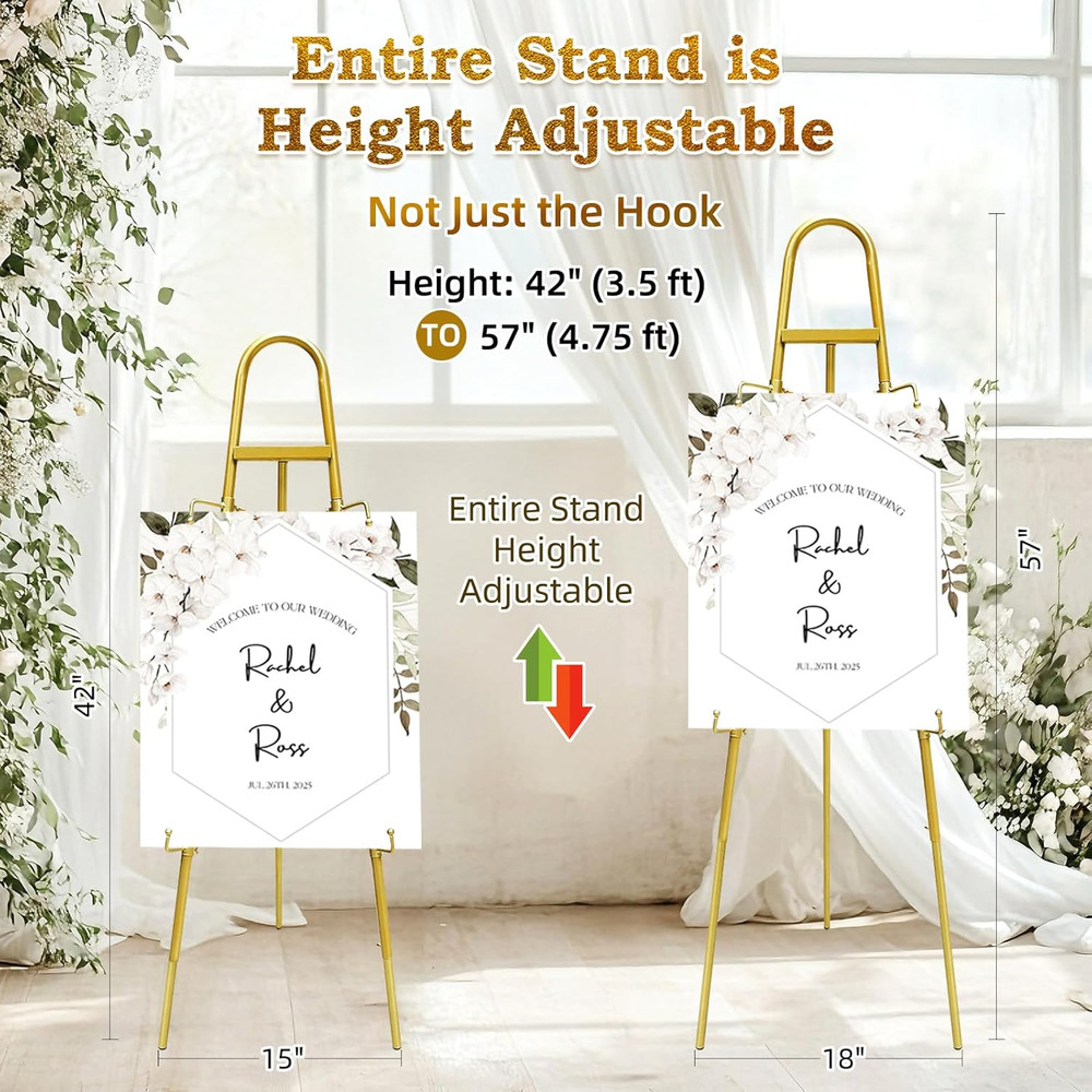 Height Adjustable Gold Easel Stand for Signs with Hooks and Display Modes