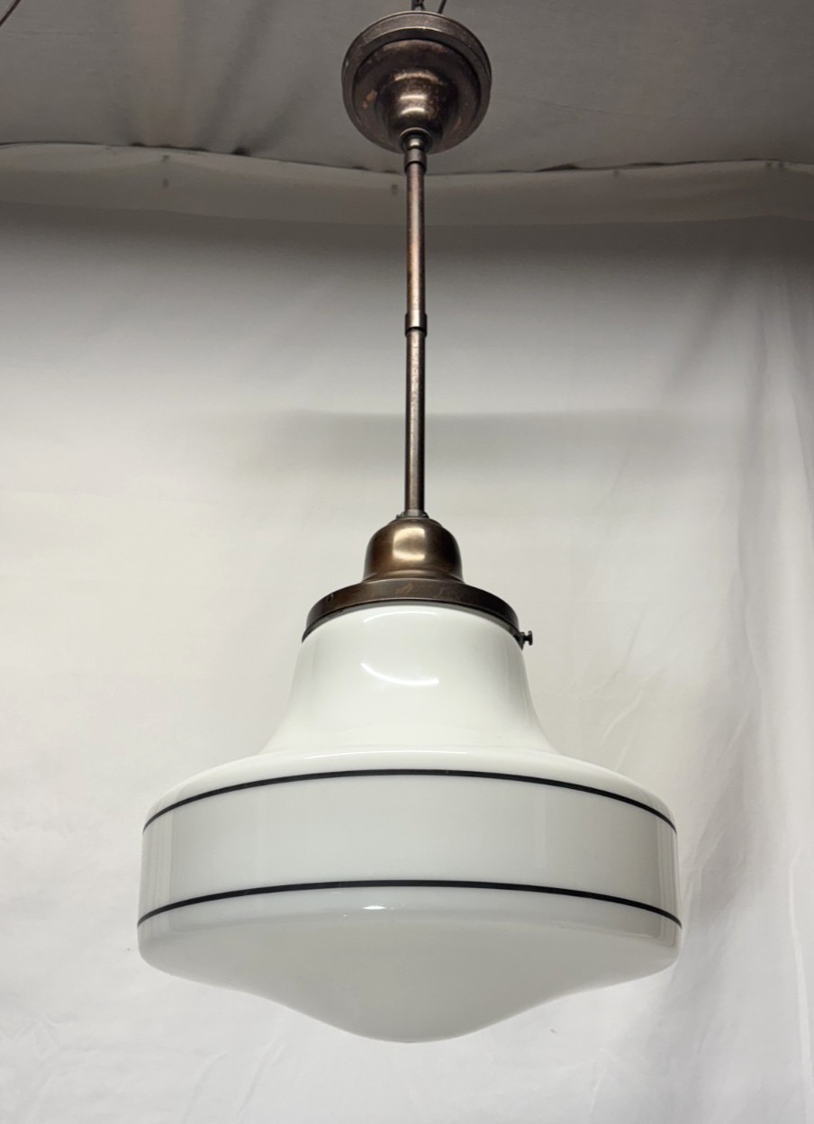 Schoolhouse Ceiling Light Fixture Vtg Art Glass Shade Black Stripes USA #L43