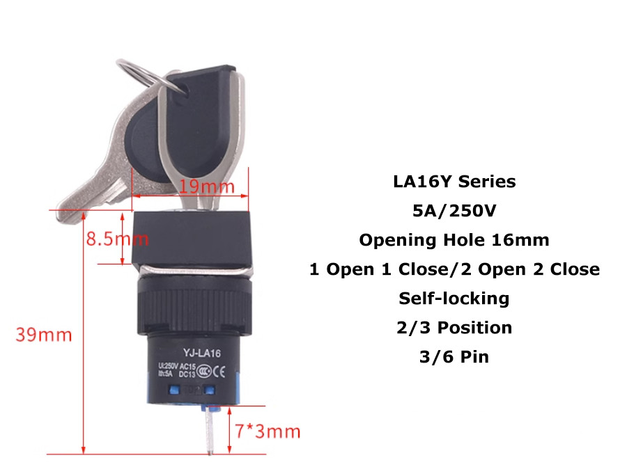 LA16 Key Switch 2/3 Position Latching Round/Square/Rectangular Lock+Keys