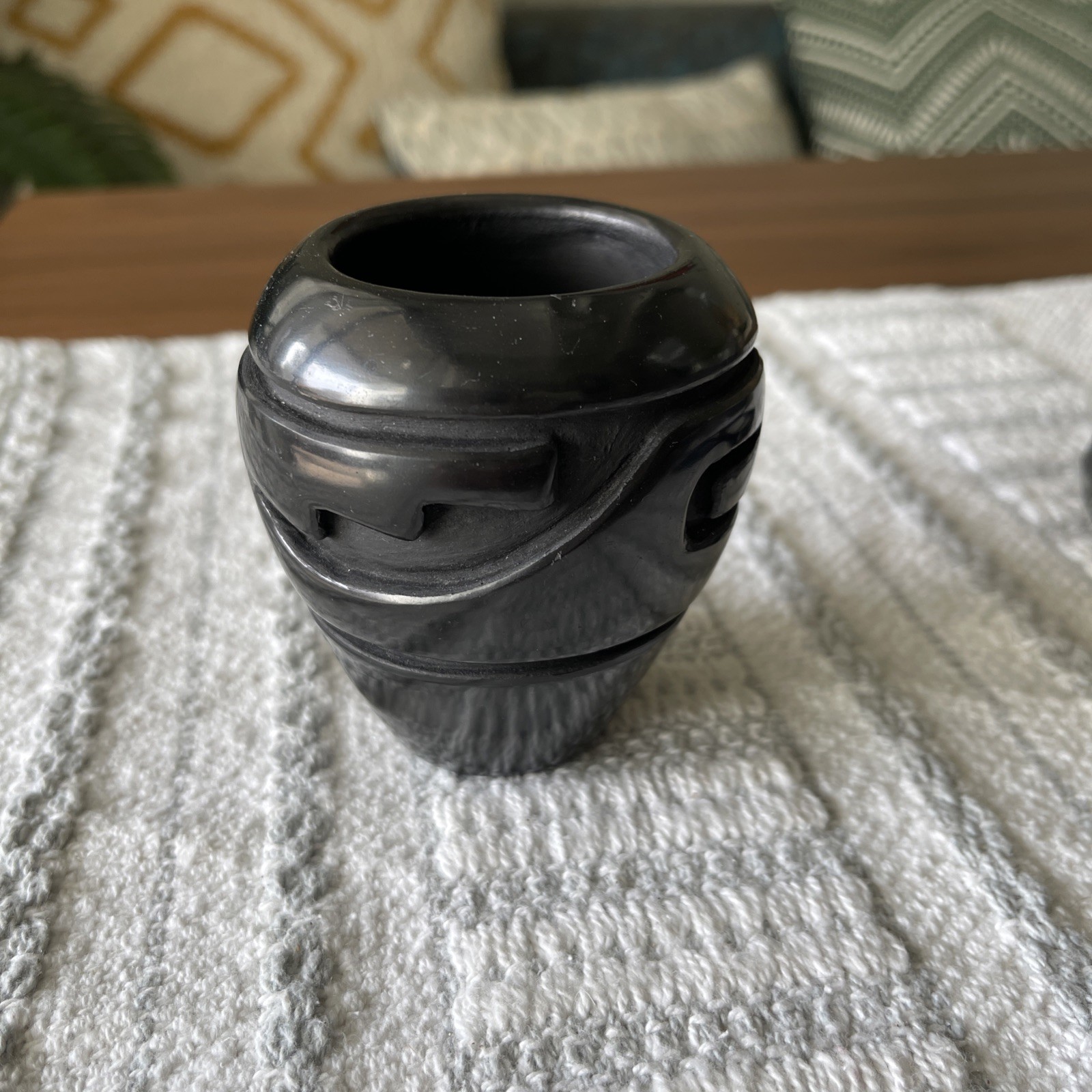 Santa Clara Pueblo Blackware Pottery 3 1/4 Vase Signed Stella Chavaria