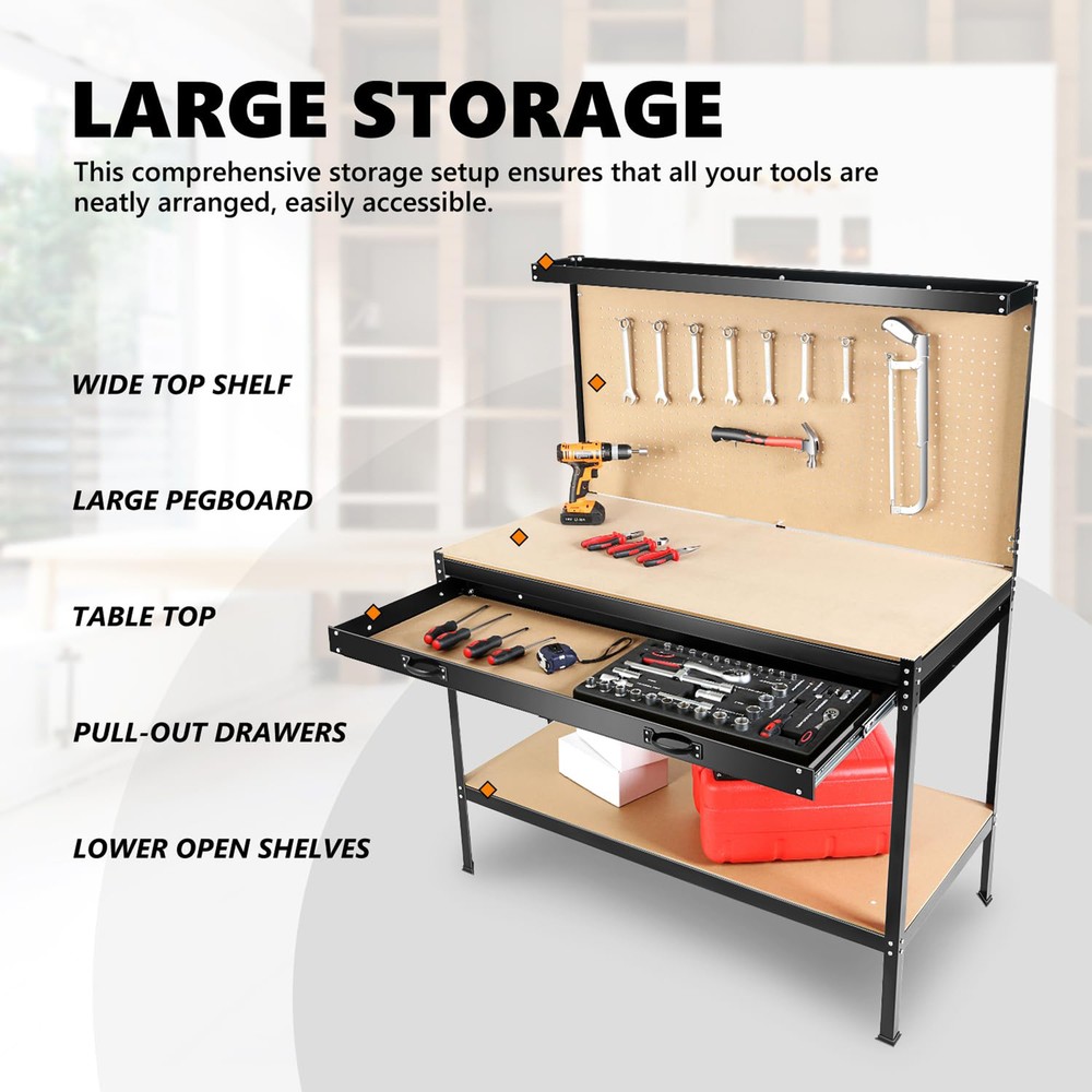 63" Tools Cabinet Working Workbench Tool Storage Workshop Table Drawers Pegboard