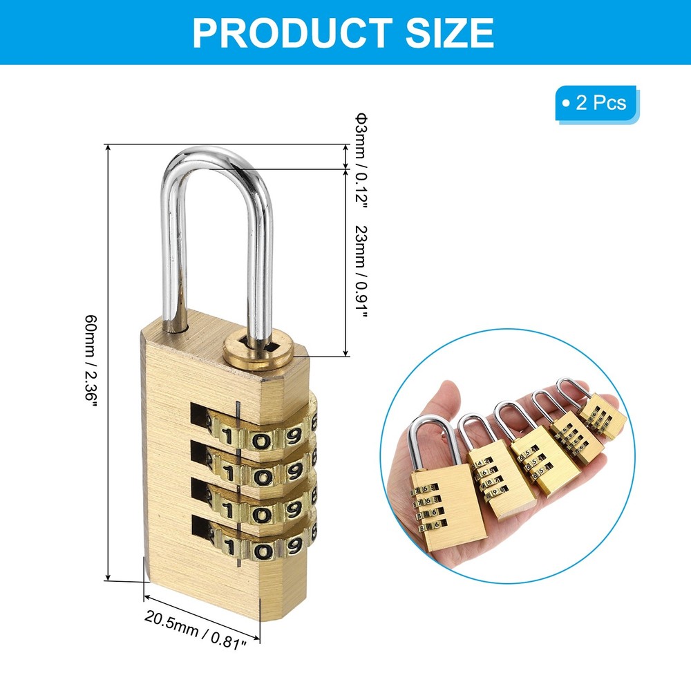 Brass Combination Lock 2.36", 2Pcs 4 Digit Resettable Combination Padlock Yellow