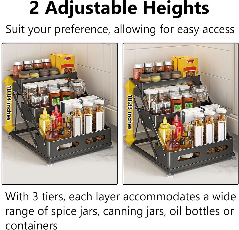 Three-Tier Foldable Spice Rack For cabinet use, black