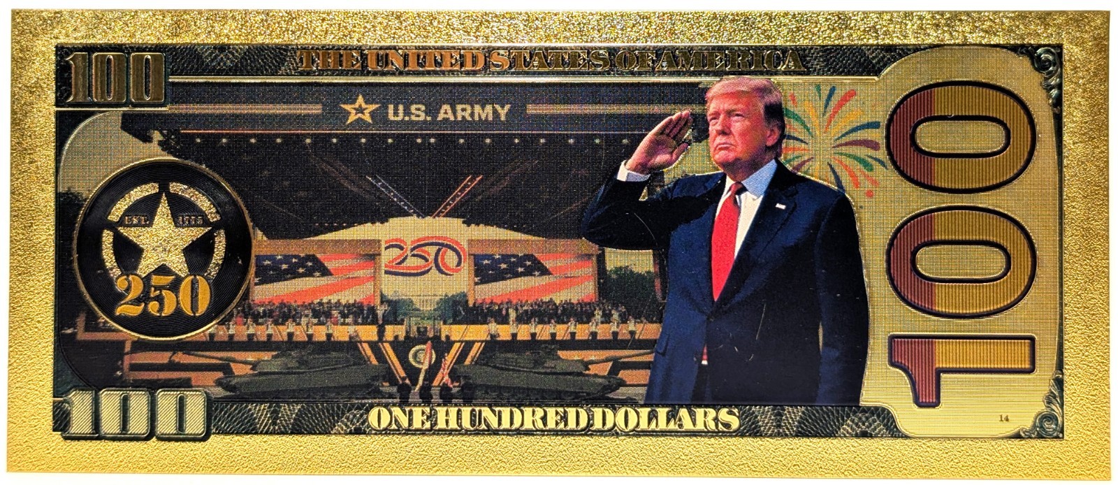 Donald Trump US Army 250th Anniversary $100 24K Gold Foil Plated Note Bill XX124