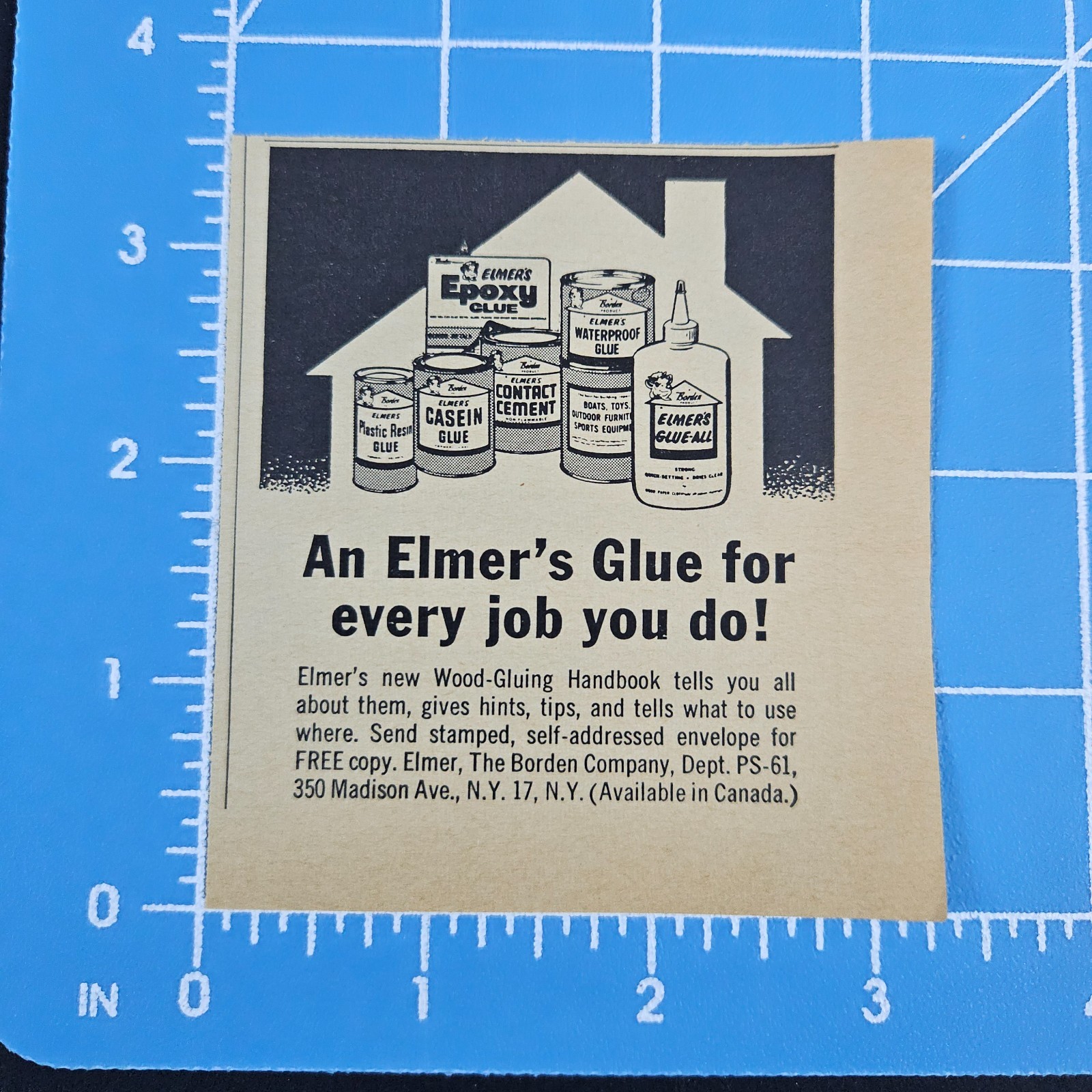 1961 Elmer's Glue Vintage Print Ad Borden Company NYC Epoxy Waterproof Resin