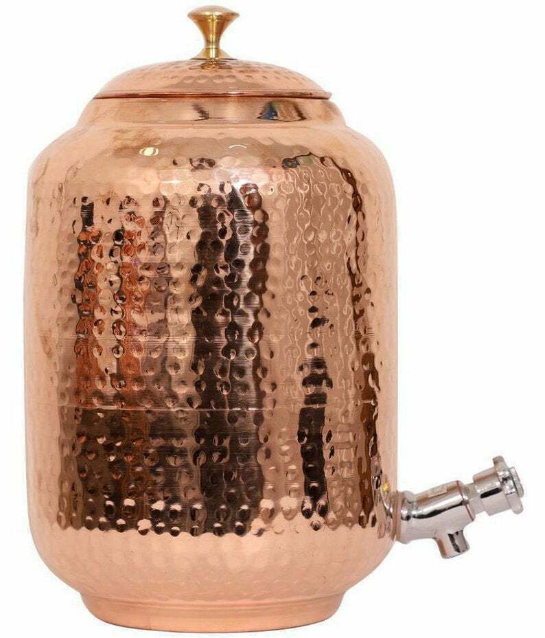 100% Pure Copper Dispenser Handmade Water Pitcher Pot 4L With 2 Serving Glass