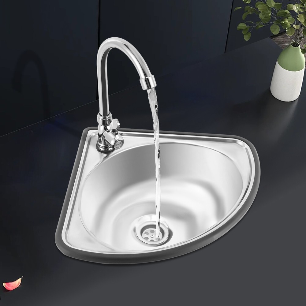 Stainless Triangular Sink w/Faucet & Drain Pipe Bathroom Kitchen Hand Basin Sink
