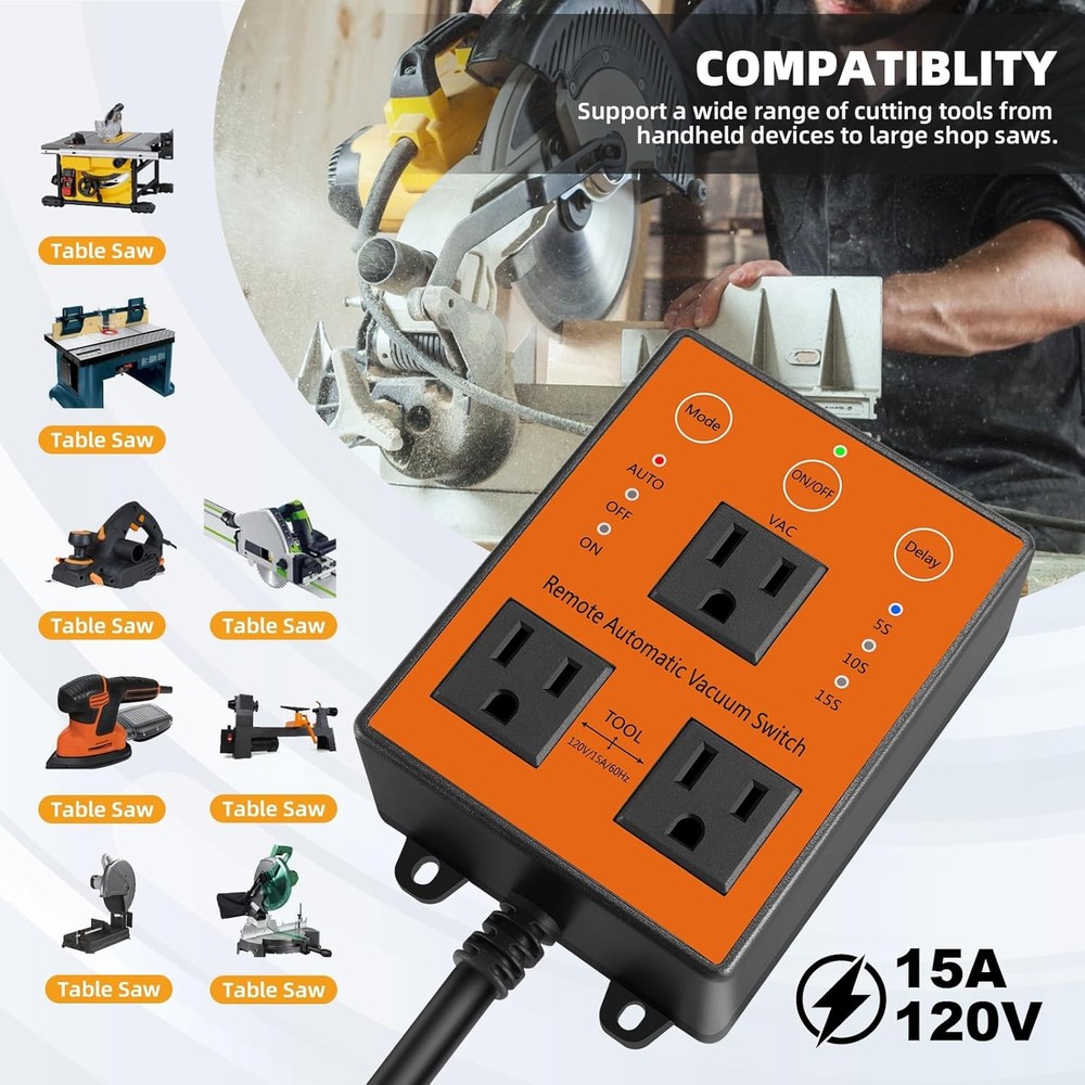 Remote Automatic Vacuum Switch, 120V/15A Power Tool Dust Control,