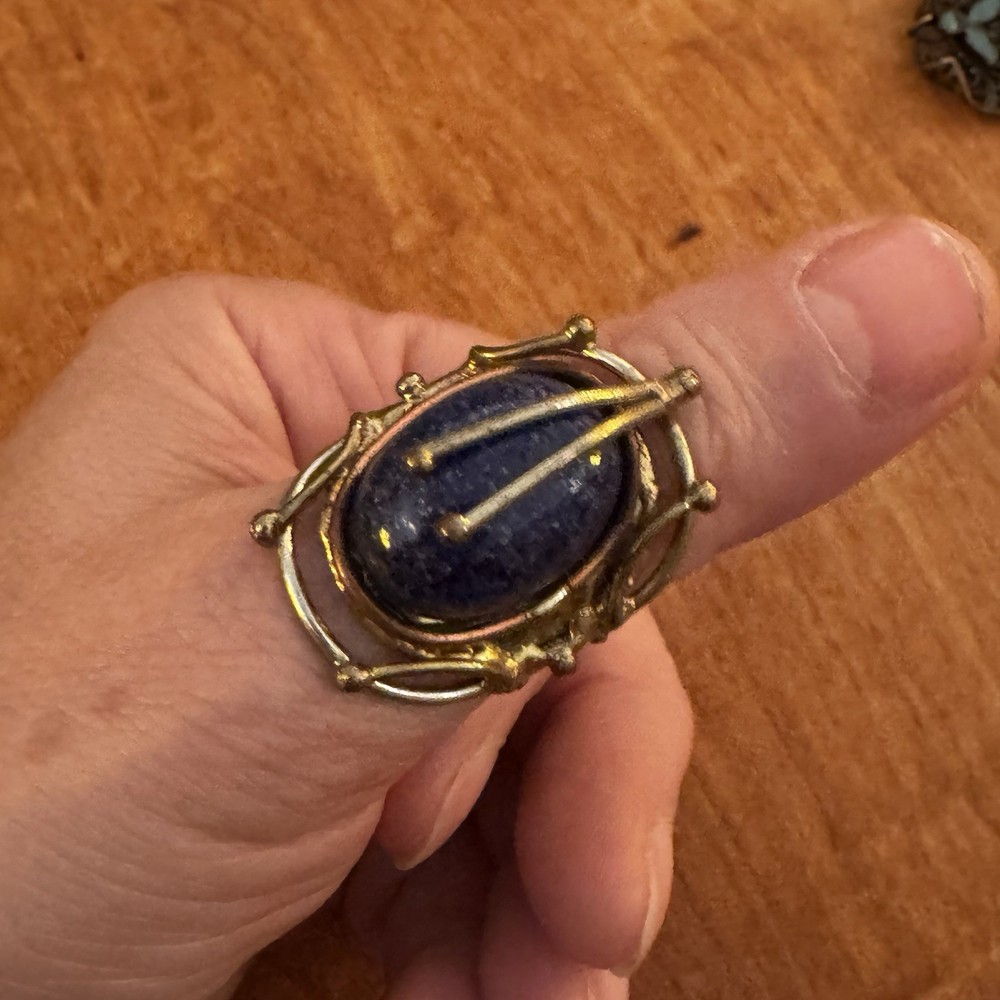 Blue stone artisan abstract adjustable, scroll wrap metal work copper/brass ring