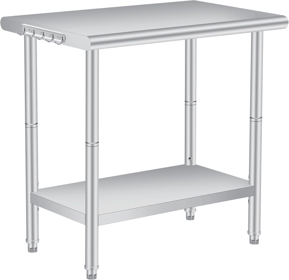 Stainless Steel Work Table 48/36 – Adjustable Height, Hooks, Undershelf, Brushed