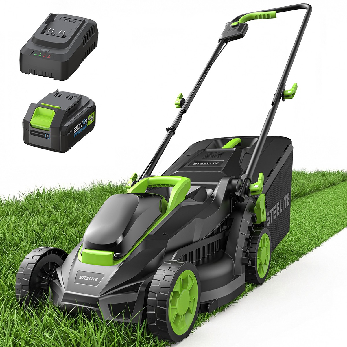 STEELITE 13-Inch 21V Cordless Lawn Mower with Brushless Motor & 4.0 Ah Battery