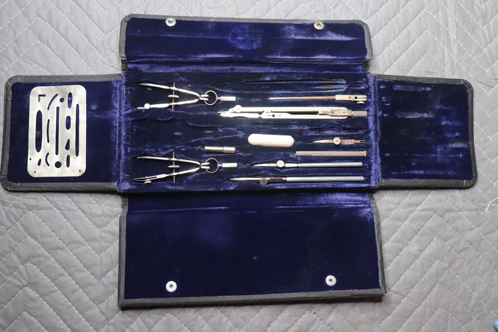 Vintage American H.F. Precision Drafting Compass Set Complete Engineer Tools