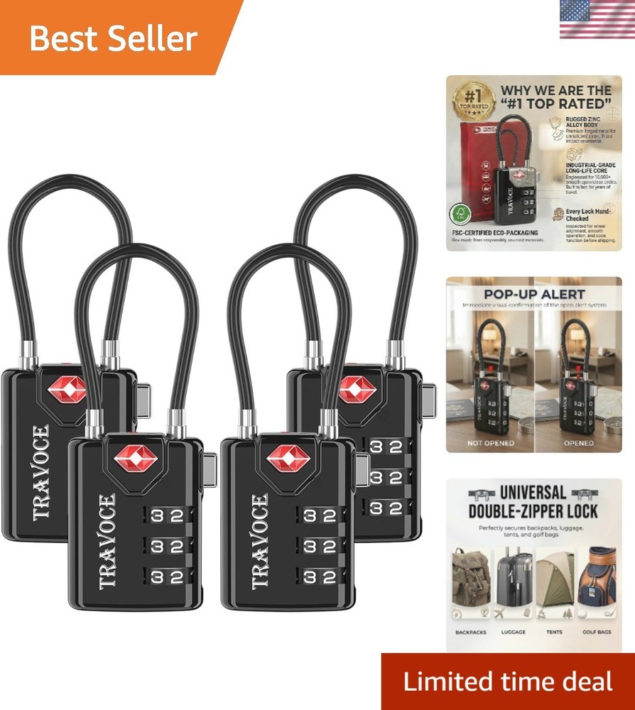 Durable TSA Luggage Locks with Search Alert - 4 Pack Combination Cable Locks