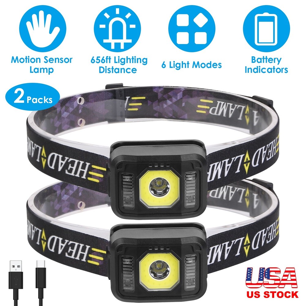 2x Rechargeable COB LED Head Lamp Flashlight Motion Sensor Headlamp 6 Light Mode