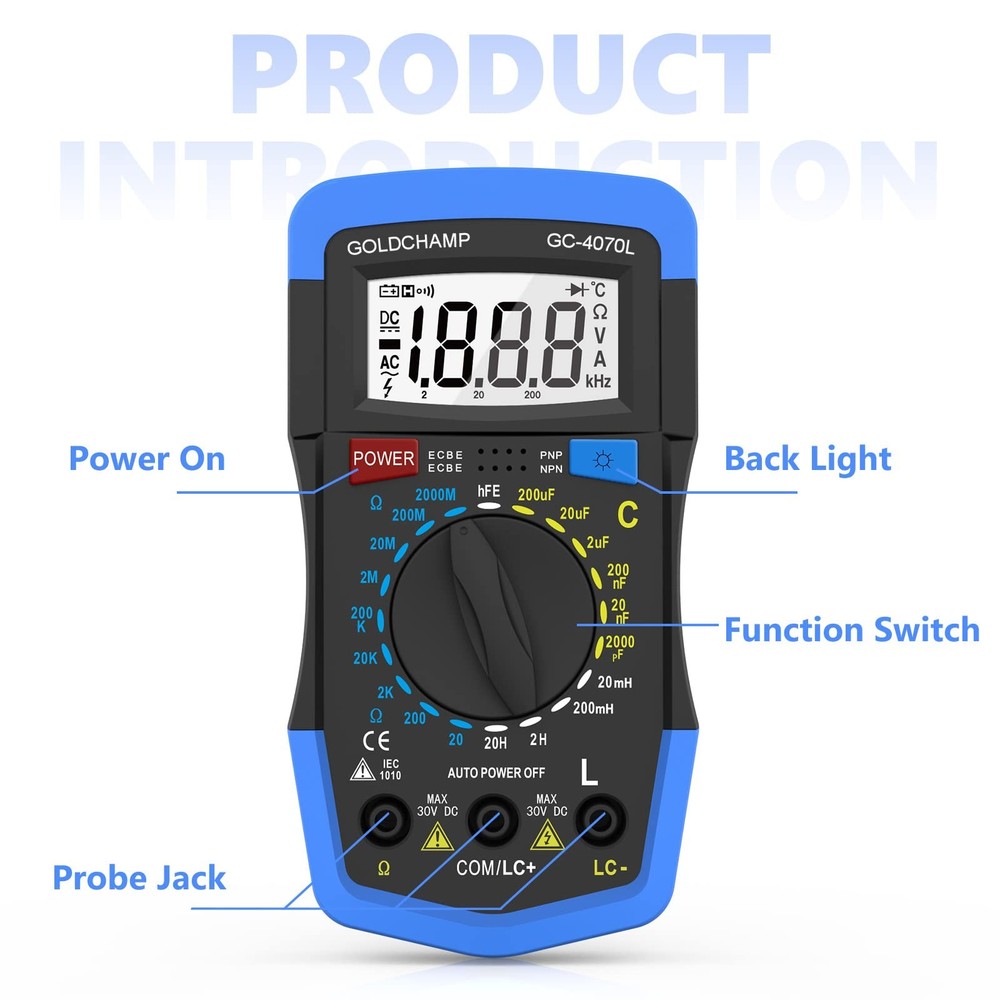 Capacitor Tester 2000pF~200uF, Capacitance Meter, LCR Meter, 200~2000M0 0hm M...