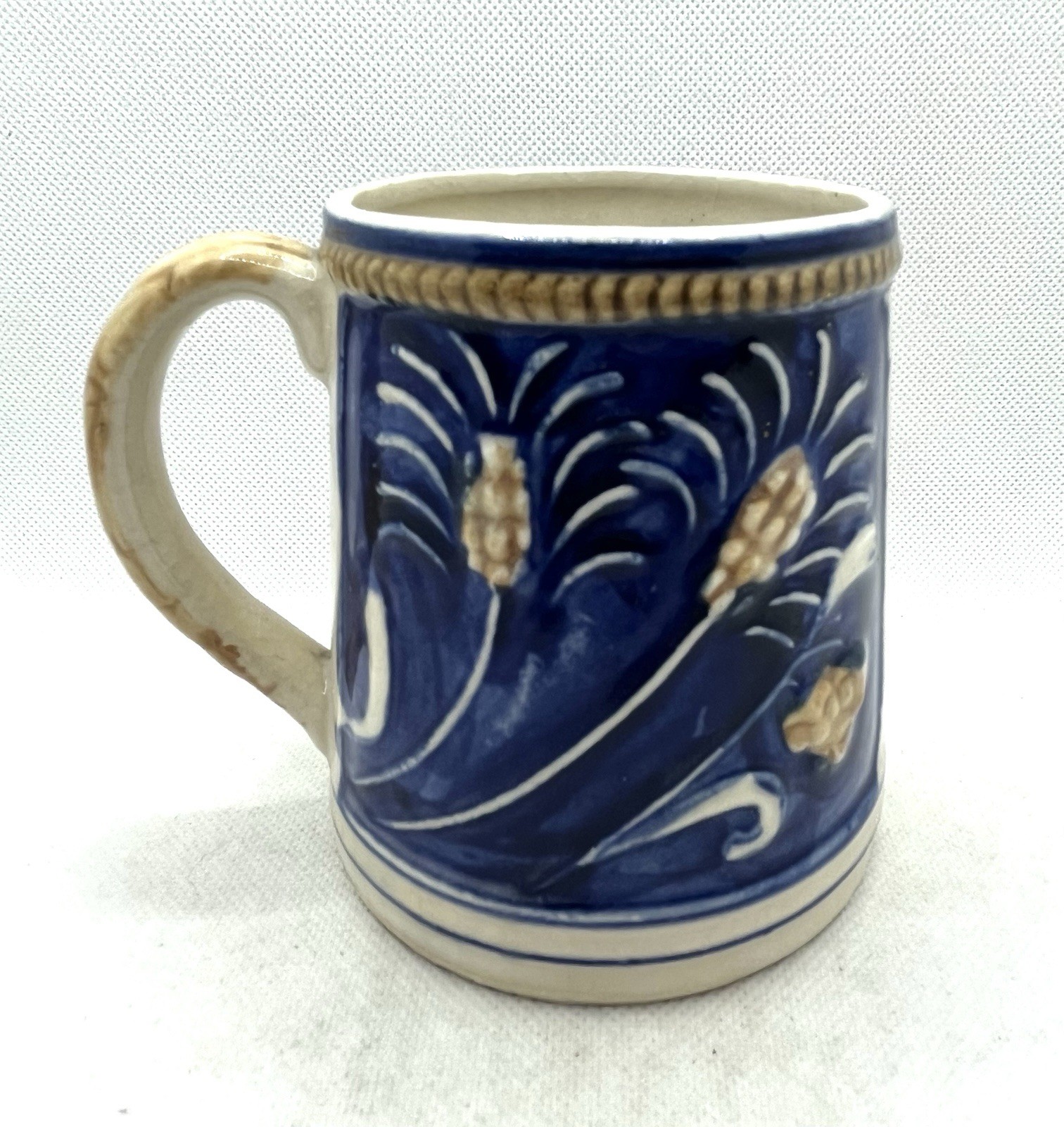 Vintage Ceramic Beer Mugs Cobalt Blue 2 Men In Tavern Scene & Wheat Japan 4”