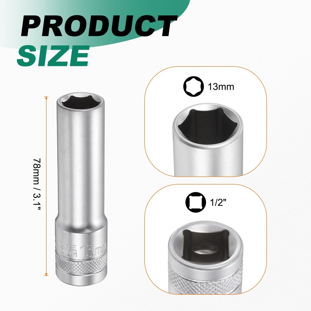 6 Points Deep Socket 1/2" Drive 13mm Nickel Plating Hex Socket 3.1" Long