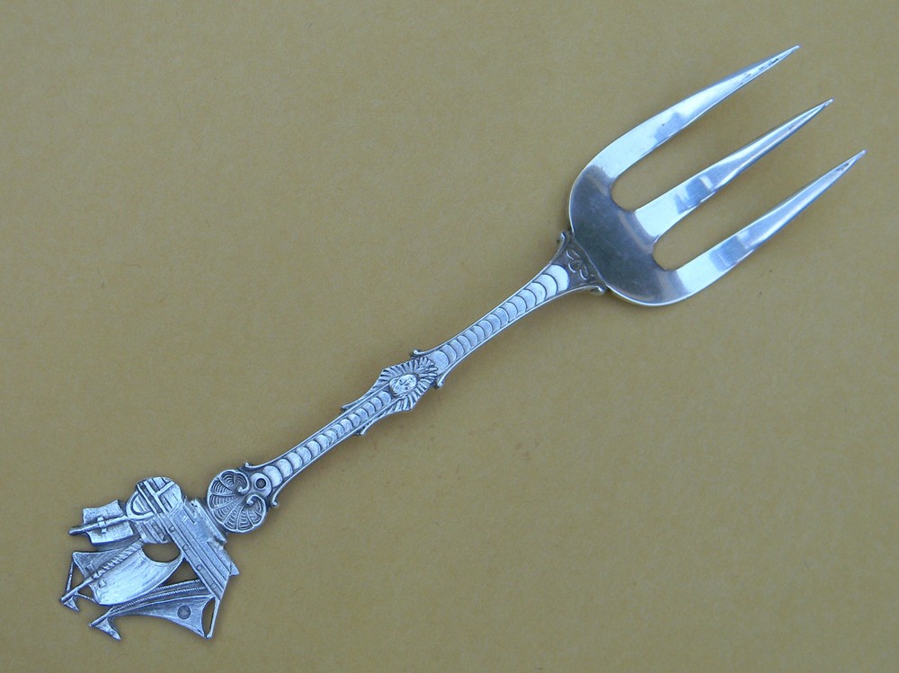 Ornate Antique Dutch Silver Bread Fork Ship & Shell 1929