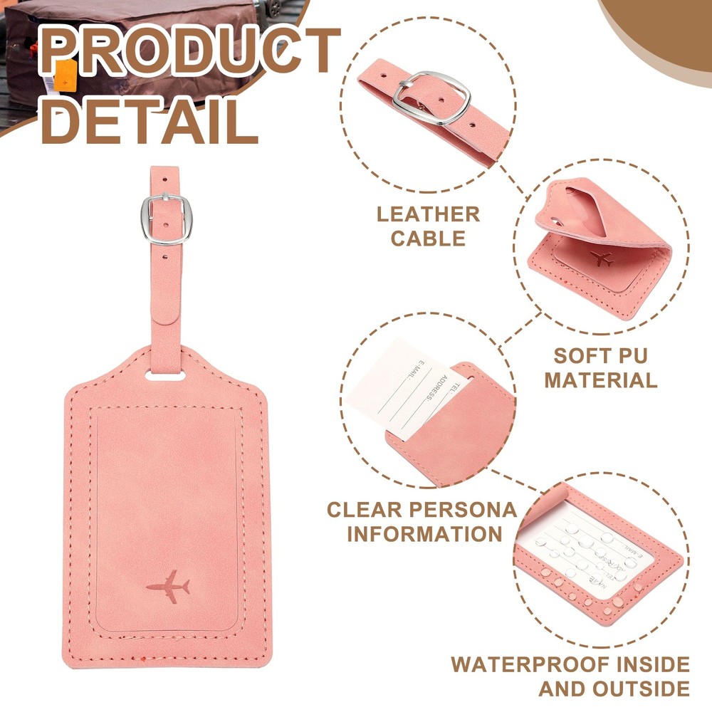 Suitcase Tags, Pink Leather Tags with Private Protection, 3 Pcs