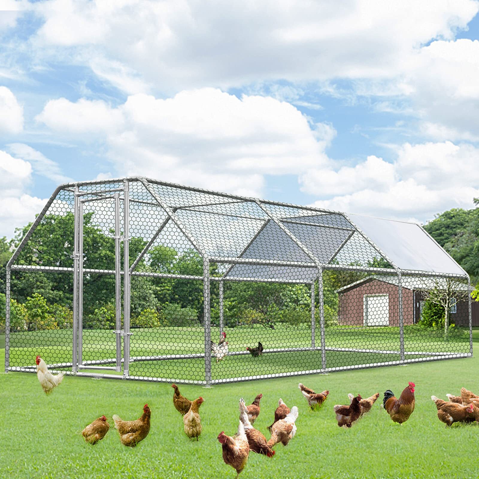 Large Metal Chicken Coop Walk-in Poultry Cage Hen House Flat Roof w/Cover Yard