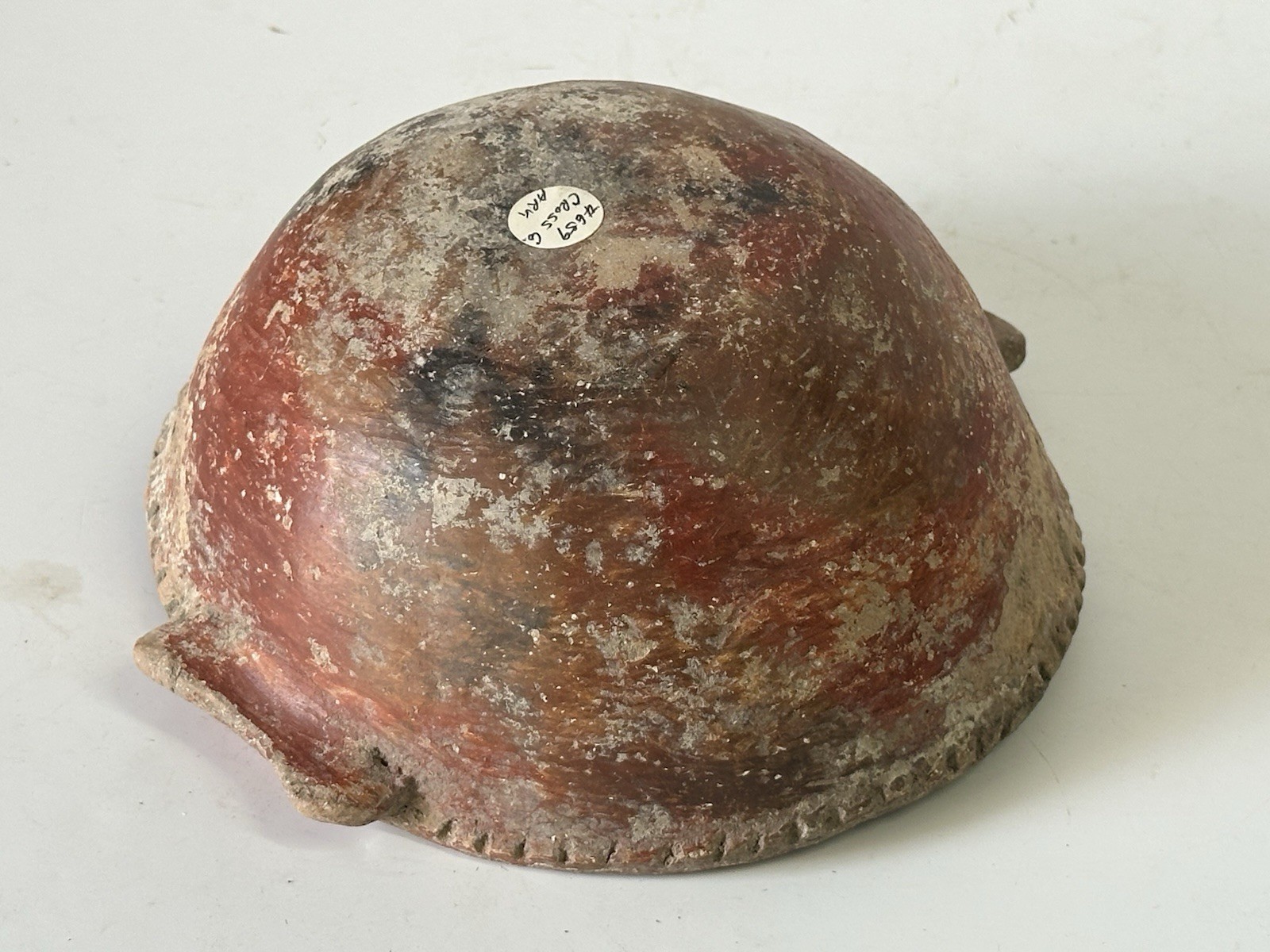 COLORFUL RED QUAPAW POTTERY HANDLED PIE CRUST BOWL ARKANSAS MISSISSIPPIAN JAR