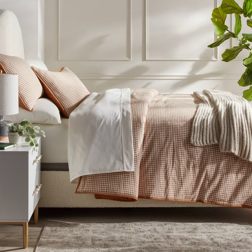 Full/Queen Mini Gingham Duvet and Sham Set Camel - Threshold: Machine Washable,