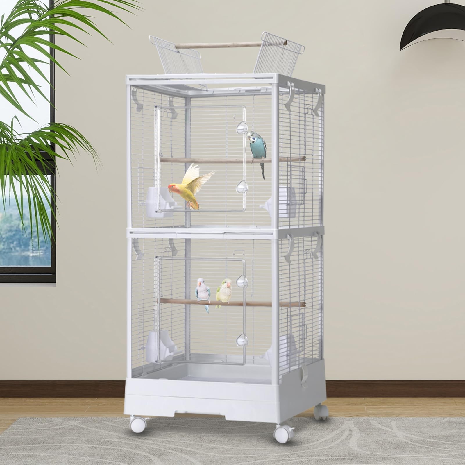 Double-layered Birdcage With Roof Opening Bird Aviary Cage With Castors, White