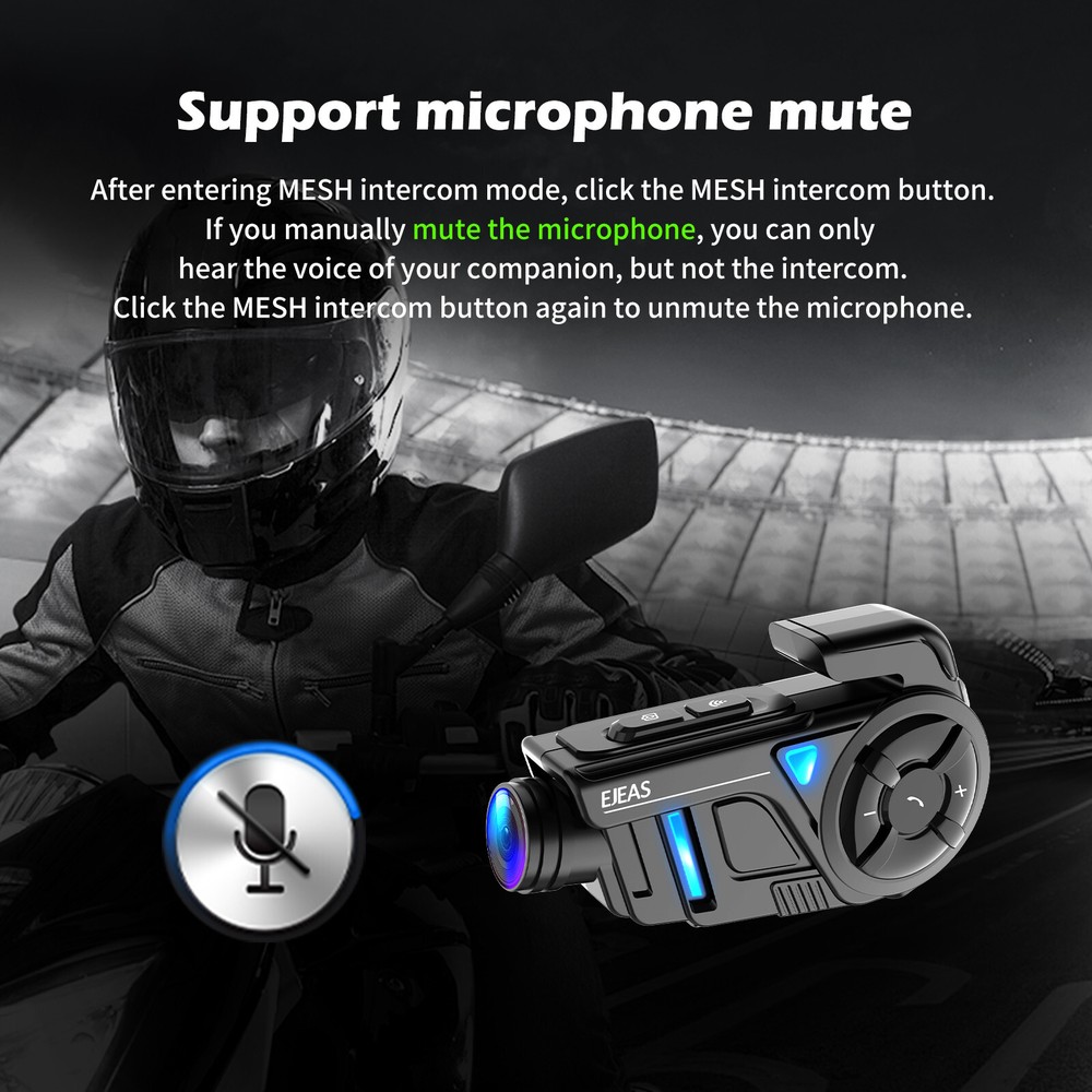2 Set Motorcycle Bluetooth Mesh Intercom with 2K Camera Recorder for 2 Rider