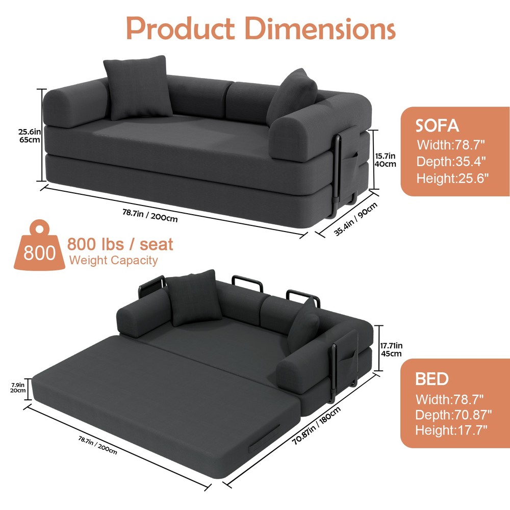 79" Corduroy Convertible Compression Sofa Bed Folding Floor Sofa Sleeper Couch