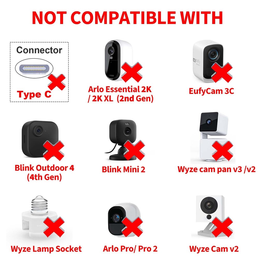 Flat Power Extension Cable for Security Cameras 10FT Not Compatible with Type-C
