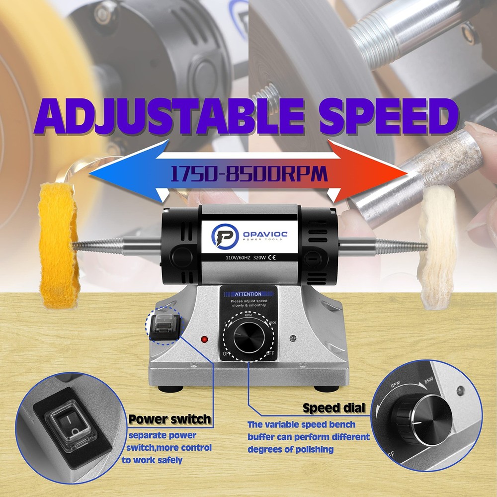 OPAVIOC Jewelry Polisher - Adjustable Variable Speed Bench Grinder Silver
