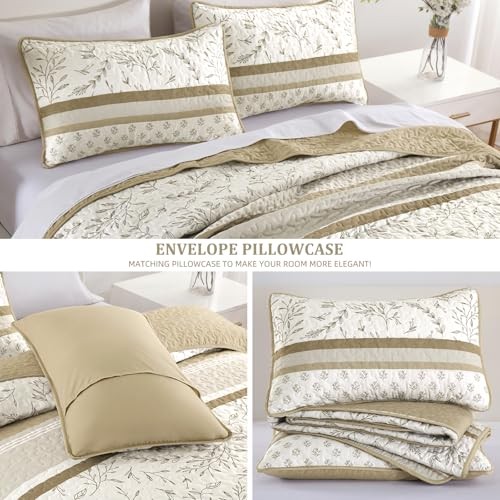 Striped Quilt Set Size Boho Striped Patchwork Leaves Printed Queen Brown