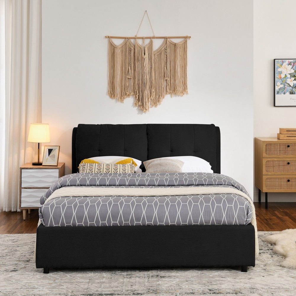 Queen Size Storage Upholstered Hydraulic Platform Bed with Integrated Headboard