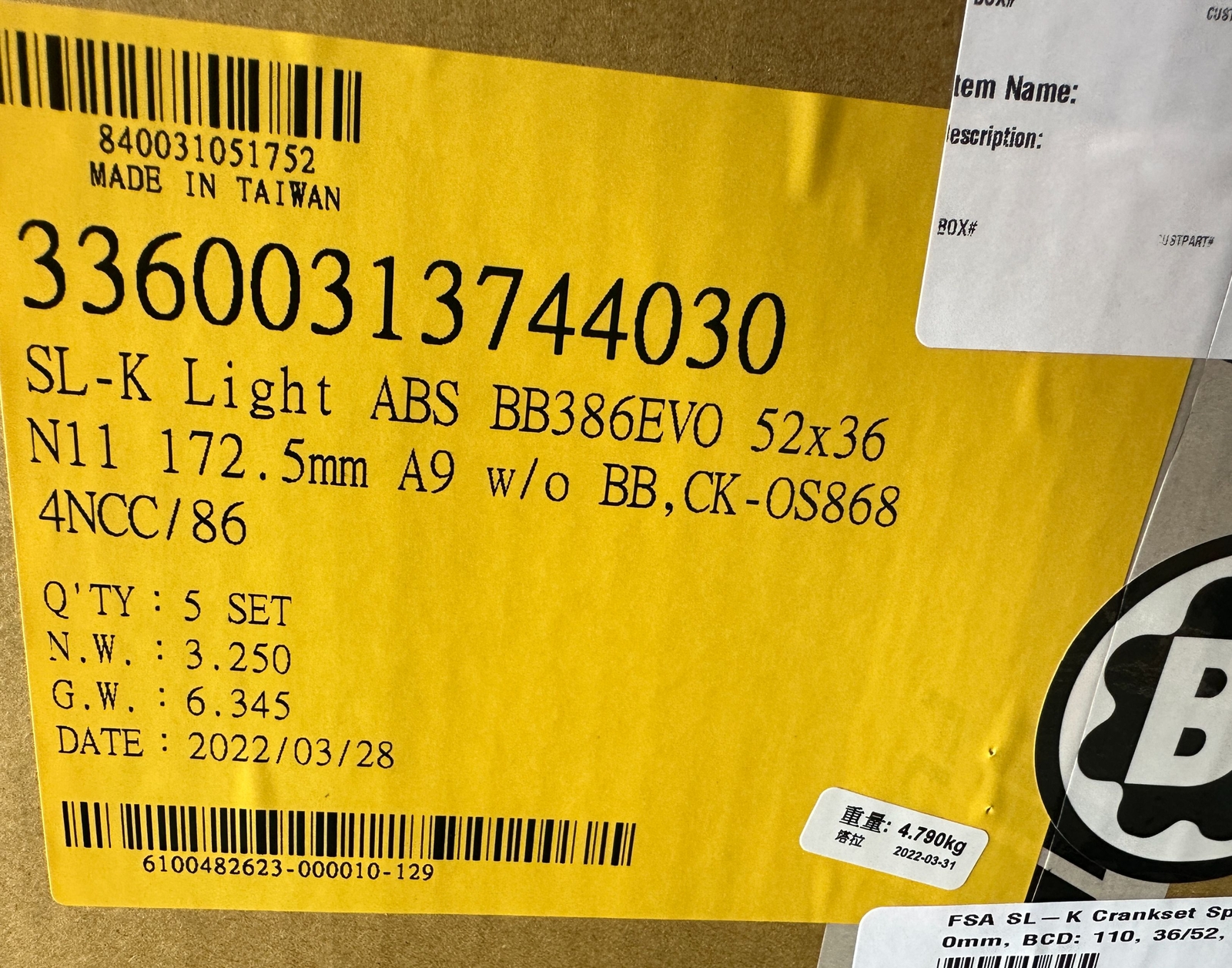 FSA SL-K BB386EVO Carbon Crankset Speed: 11, 30mm, BCD: 110, 36/52, 172.5mm NEW