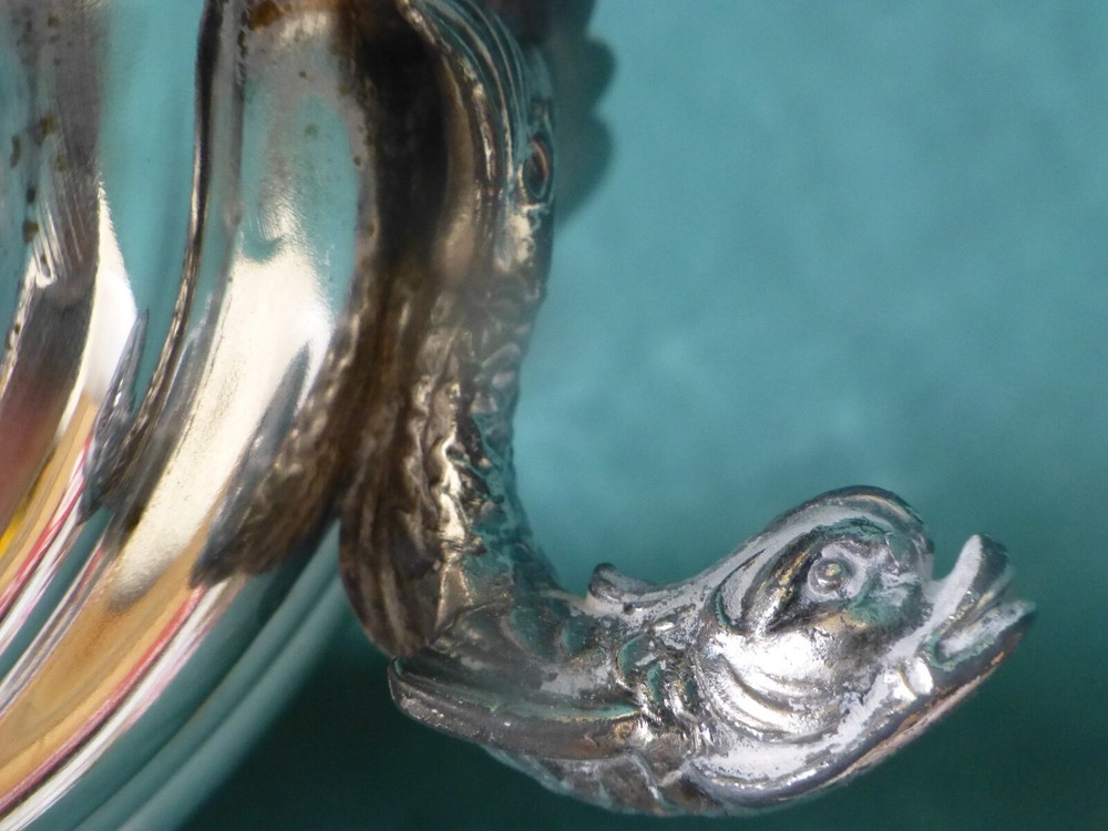 Antique Silver On Copper Shell Shaped Dish with Three Fish Feet