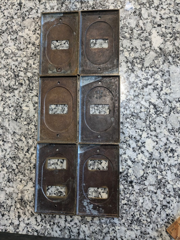 Six Solid Brass ART DECO-style  LIGHT SWITCHES COVER PLATE Raised Relief