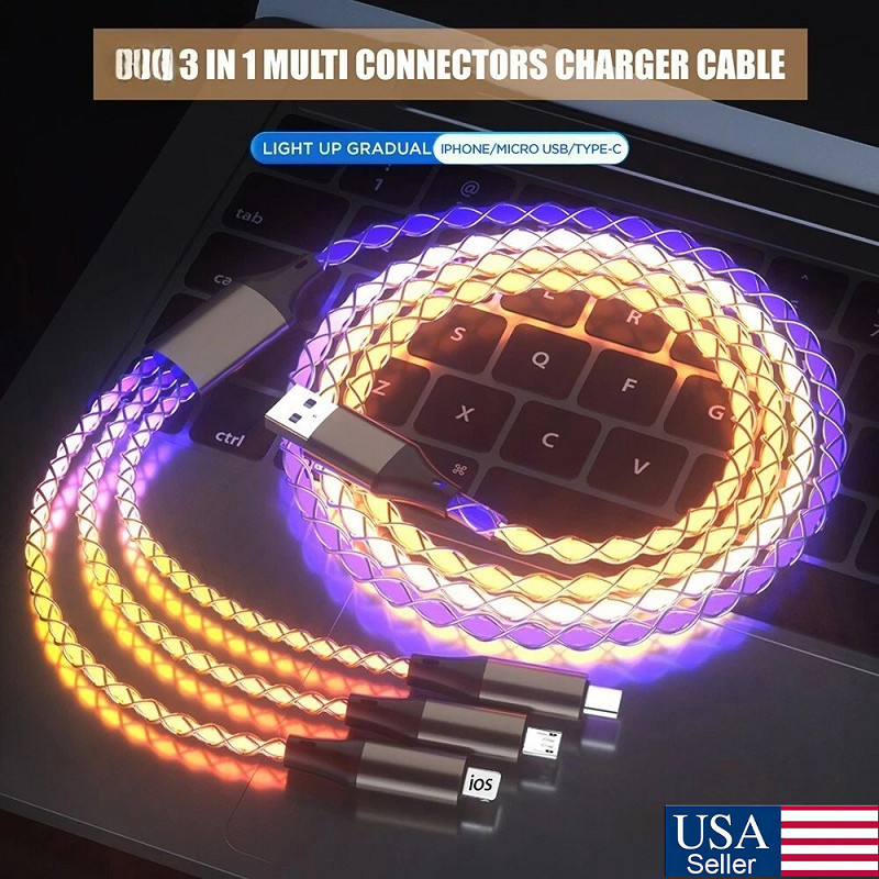LED Light Up 3 in 1 Multi Charging Charger Cable Cord Iphone Android Type C USA