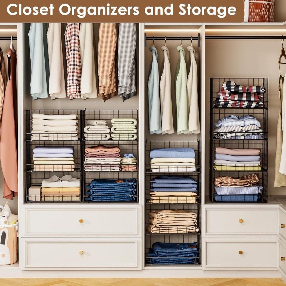 4-Tier Stackable Closet Organizer with Baskets, Foldable Storage Shelves for