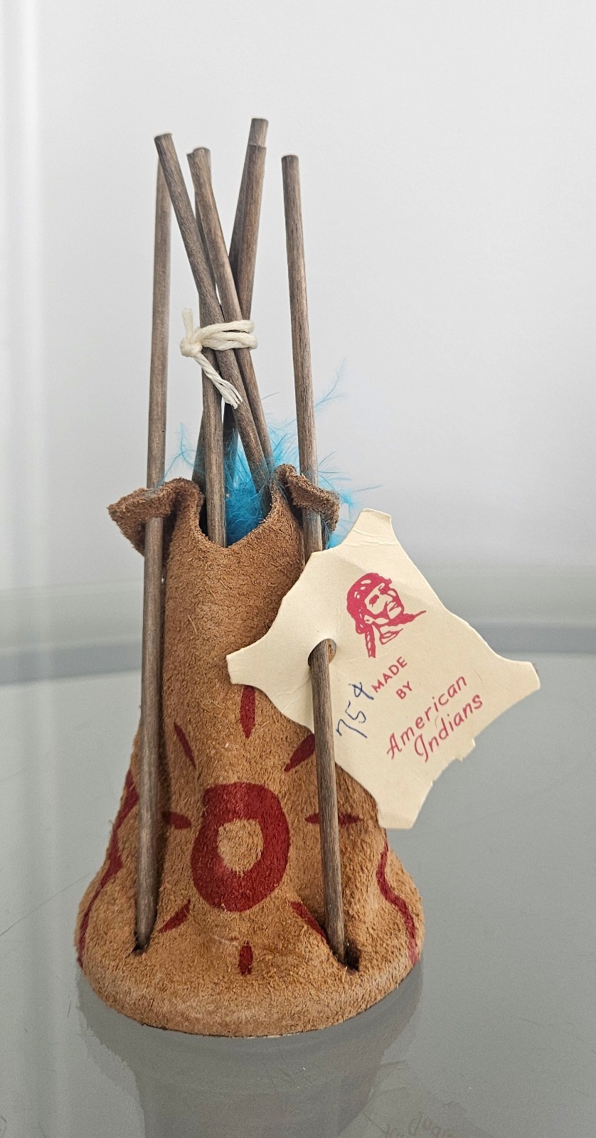 VINTAGE NATIVE AMERICAN HANDMADE INDIAN LEATHER 6” TEEPEE WITH ORIGINAL TAG