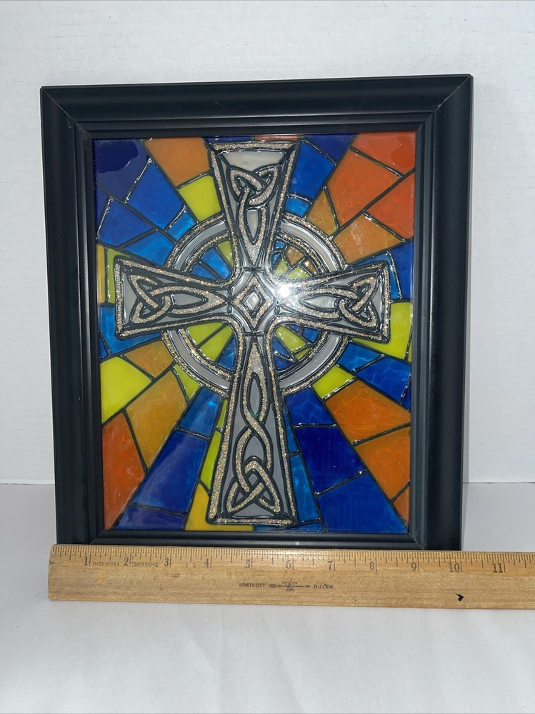 Celtic Cross Stained Glass Window Panel Rectangular Mid-Century Framed 10x12”