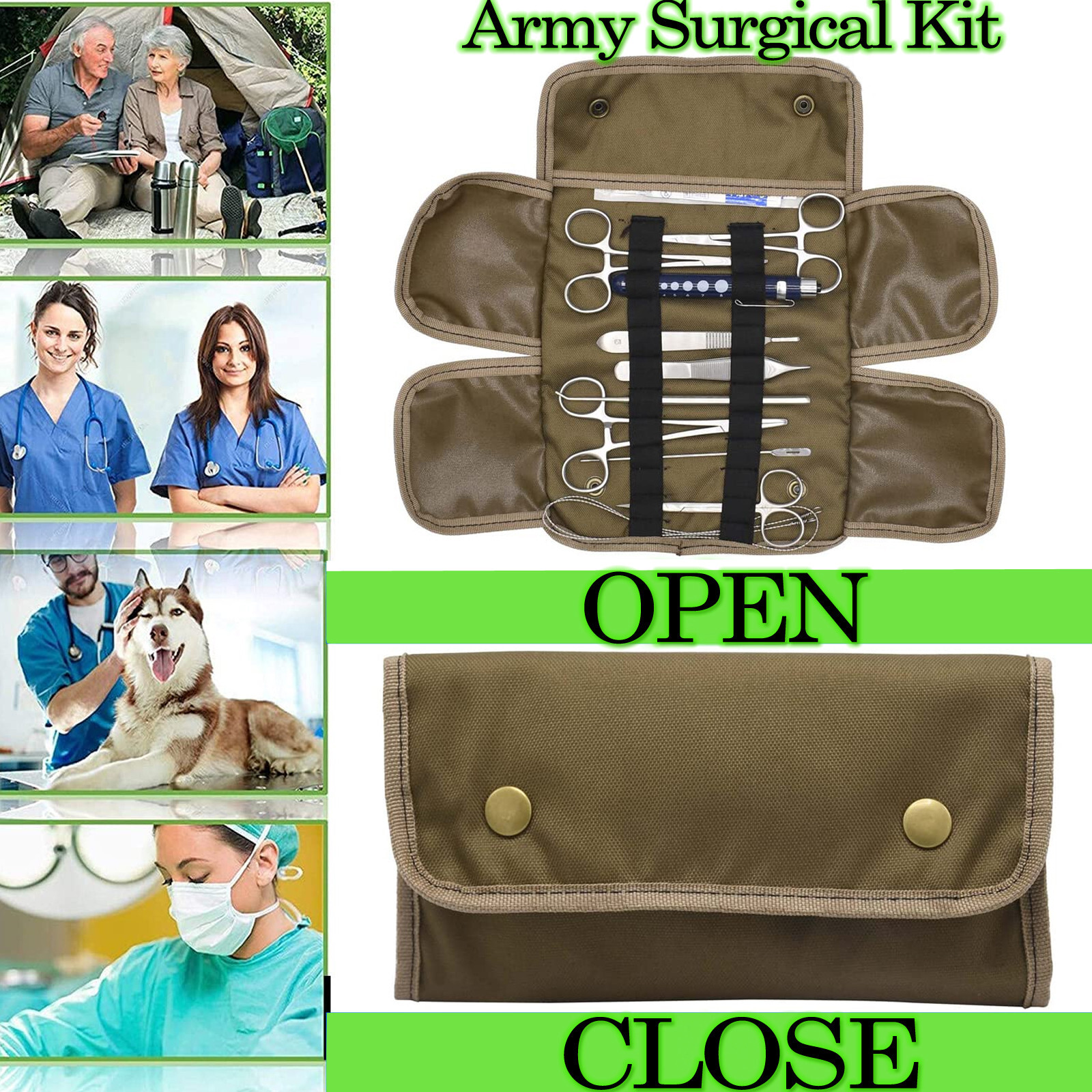 Army Surgical Kit - Sutures, Scalpel, Hemostats - Black - Military First Aid