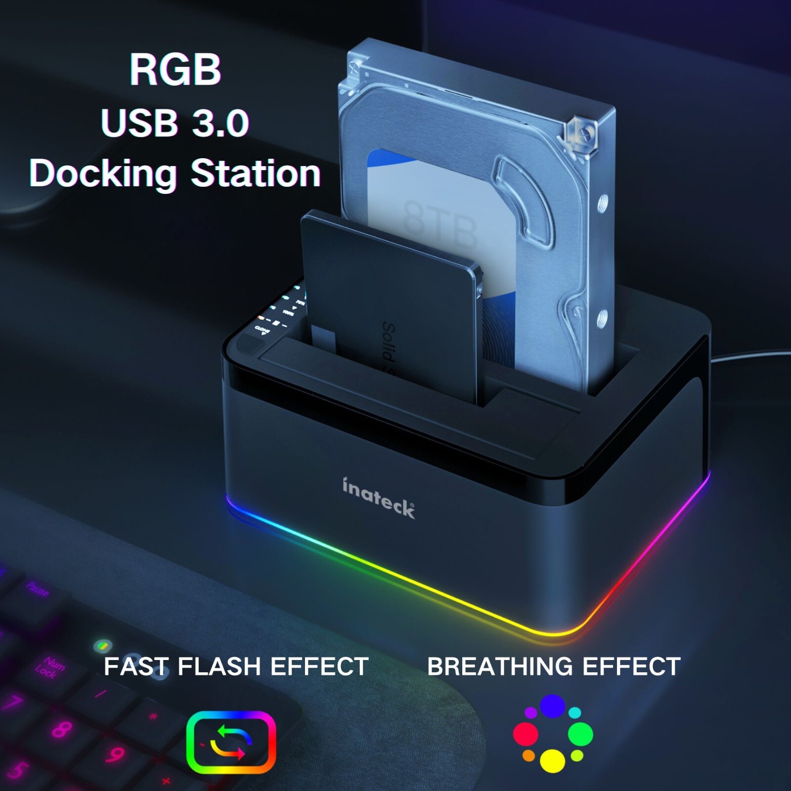 SATA to USB 3.0 HDD Docking Station Offline Cloning 2.5" 3.5" HDD SSD UASP RGB
