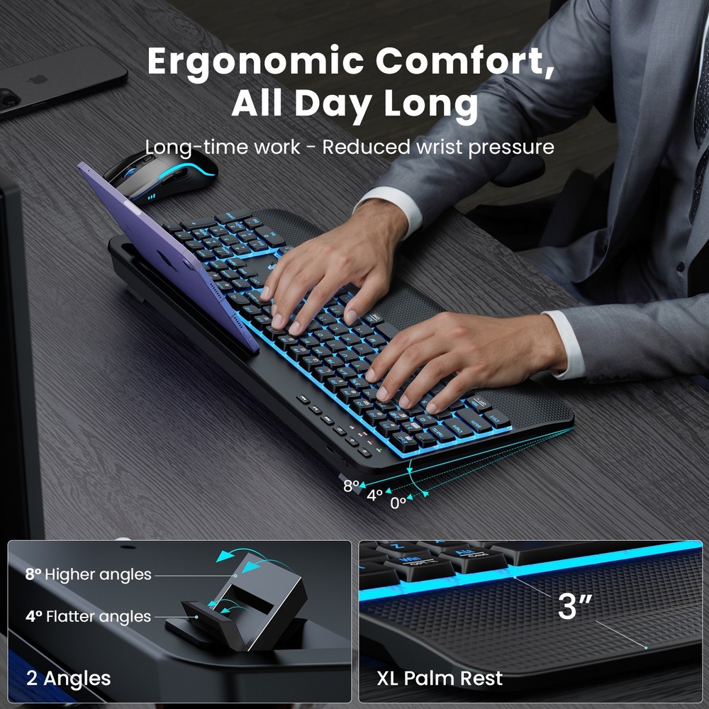 Wireless Keyboard & Mouse, Backlit Quiet Typing w/ Wrist Rest & Phone Holder