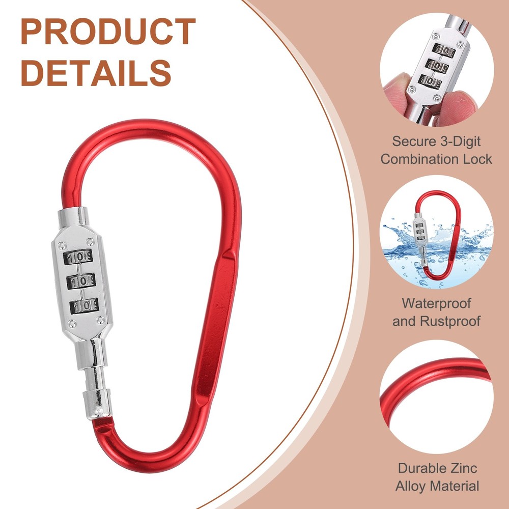 2 Pcs 4.8" x 2.4" D-Shaped 3-Digit Code Combination Lock D-Ring Clip, Red