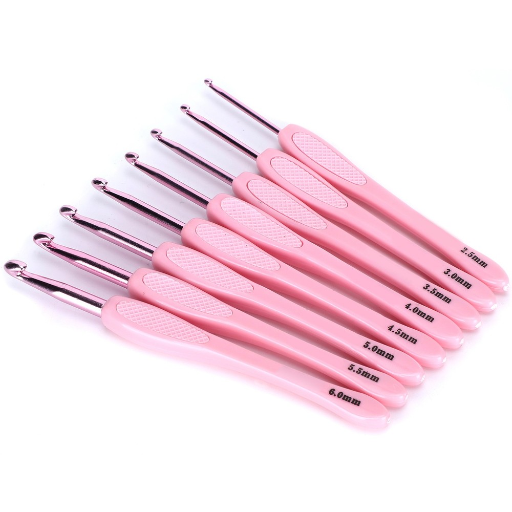 Pink 8Pcs Crochet Hook Thread Knitting Tools ABS Plastic Handle Ergonomic