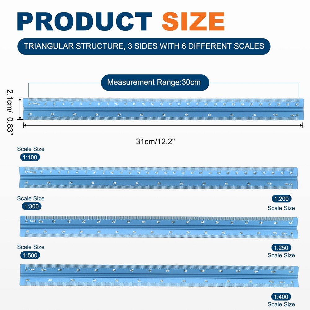 12 Inch Metric Architectural Triangular Scale Ruler Large Scale, Blue
