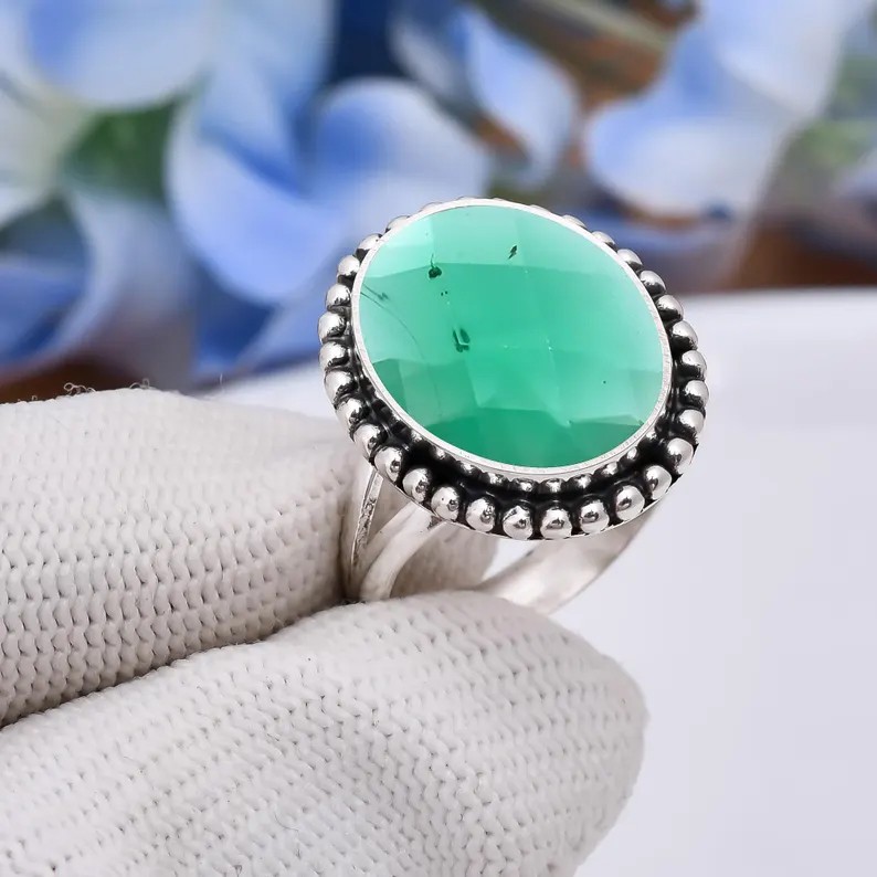 Solid 925 Sterling Silver Natural Green Onyx Artisan Handmade Statement Ring