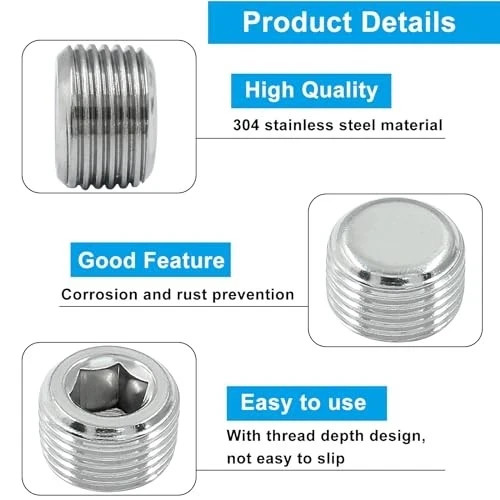 3 Pack 3/8" PT Male Inner Hex Head Thread Plug Pipe Fitting 304 Stainless