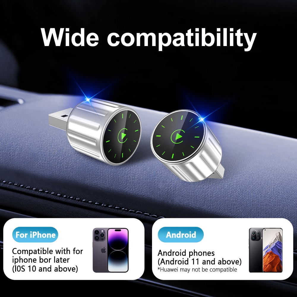 USB Plug Play 2-in-1 Wireless CarPlay Android Auto Adapter for Wired to Wireless